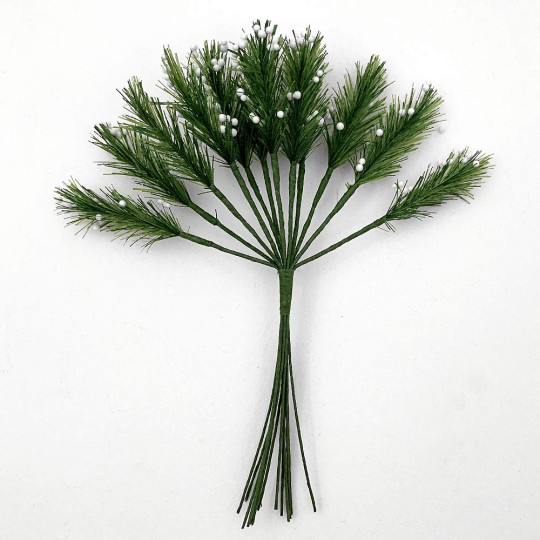 Bundle of 12 Green Fabric Pine Sprigs with White Berries ~ Austria ~ 1-1/2" Long